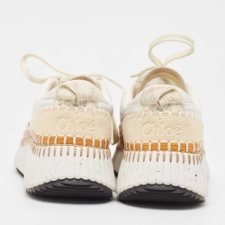 Pre Owned Chloe Beige/White Knit Fabric And Suede Lace Up Sneakers Size 38