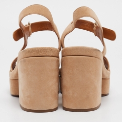 Pre Owned Chloe Beige Suede Platform Block Heel Ankle Strap Sandals Size 40.5