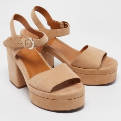 Pre Owned Chloe Beige Suede Platform Block Heel Ankle Strap Sandals Size 40.5