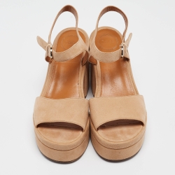 Pre Owned Chloe Beige Suede Platform Block Heel Ankle Strap Sandals Size 40.5
