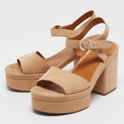 Pre Owned Chloe Beige Suede Platform Block Heel Ankle Strap Sandals Size 40.5