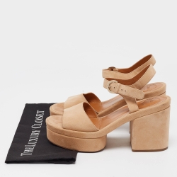 Pre Owned Chloe Beige Suede Platform Block Heel Ankle Strap Sandals Size 40.5