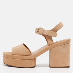 Pre Owned Chloe Beige Suede Platform Block Heel Ankle Strap Sandals Size 40.5