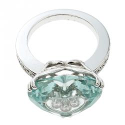 Chopard So Happy Green Stone Heart Diamond 18k White Gold Ring Size 51