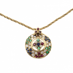 Chopard Vintage Multi Gem Pendant 18k Yellow Gold Rope Chain Necklace
