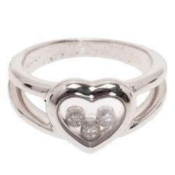 Pre Owned Chopard Happy Diamonds Heart 3 Diamonds White Gold Ring Size 53