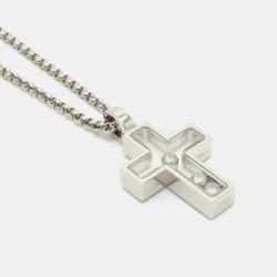 Pre Owned Chopard 18K White Gold and Diamond Happy Diamonds Cross Pendant Necklace