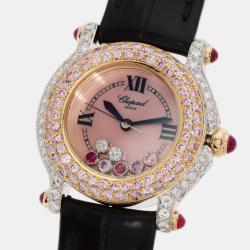 Chopard Pink Diamond 18k White Gold Happy Sport 27/6244 Quartz Women's Wristwatch 26 mm