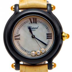 Pre Owned Chopard White Mother Of Pearl Be Happy Limited Edition Diamonds Plastic & Leather Women'S Watch 32MM