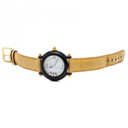 Pre Owned Chopard White Mother Of Pearl Be Happy Limited Edition Diamonds Plastic & Leather Women'S Watch 32MM