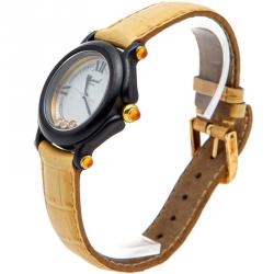 Pre Owned Chopard White Mother Of Pearl Be Happy Limited Edition Diamonds Plastic & Leather Women'S Watch 32MM