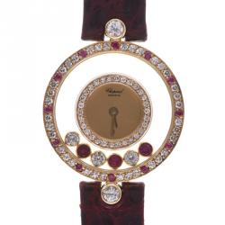 Pre Owned Chopard Champagne 18K Yellow Gold Ruby And Diamonds Happy Women's Wristwatch 23 MM