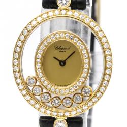 Pre Owned Chopard Gold Diamonds 18K Yellow Gold Happy Diamond 20/4292 Women's Wristwatch 24 MM