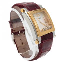 Pre Owned Chopard White Mother Of Pearl Happy Sport Steel & Yellow Gold Diamond Watch 36MM