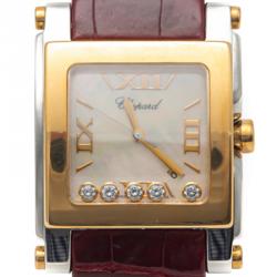 Pre Owned Chopard White Mother Of Pearl Happy Sport Steel & Yellow Gold Diamond Watch 36MM