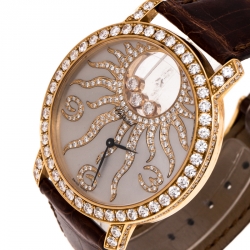 Pre Owned Chopard Silver Grey Sun Motif 18K Rose Gold Happy Diamonds 4176 Women's Wristwatch 40 mm