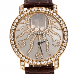 Pre Owned Chopard Silver Grey Sun Motif 18K Rose Gold Happy Diamonds 4176 Women's Wristwatch 40 mm