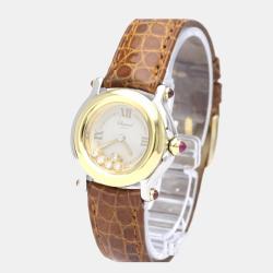 Pre Owned Chopard White Diamond 18k Yellow Gold And Stainless Steel Happy Sport 27/8246-21 Quartz Women's Wristwatch 26 mm