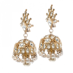 Christian Lacroix Faux Pearl & Crystal Gold Tone Long Clip-on Drop Earrings