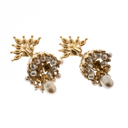 Christian Lacroix Faux Pearl & Crystal Gold Tone Long Clip-on Drop Earrings