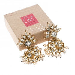 Christian Lacroix Faux Pearl & Crystal Gold Tone Long Clip-on Drop Earrings