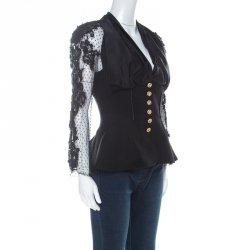 Pre Owned جاكيت كريستيان لاكروا صوف أسود بطيات وخرز وأكمام شفافة L