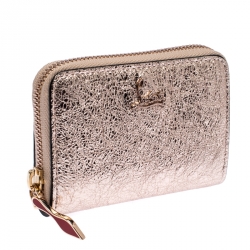 Pre Owned Christian Louboutin Rose Gold Crackled Leather Panettone Wallet