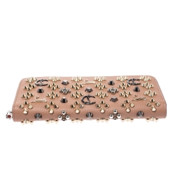Christian Louboutin Beige Leather Spikes Panettone Zip Around Wallet 