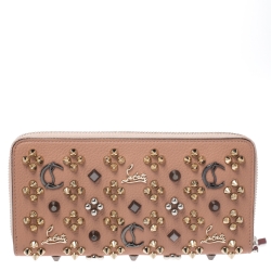Christian Louboutin Beige Leather Spikes Panettone Zip Around Wallet 