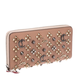 Christian Louboutin Beige Leather Spikes Panettone Zip Around Wallet 