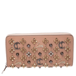Christian Louboutin Beige Leather Spikes Panettone Zip Around Wallet 