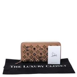 Christian Louboutin Beige Leather Spikes Panettone Zip Around Wallet 