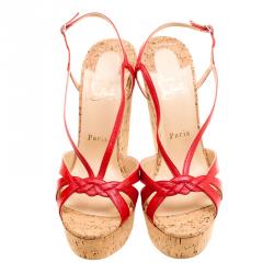Pre Owned Christian Louboutin Red Leather Wedgy Lady Strappy Sandals Size 38.5