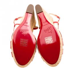 Pre Owned Christian Louboutin Red Leather Wedgy Lady Strappy Sandals Size 38.5