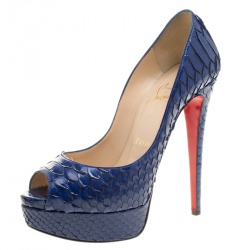 Pre Owned حذاء كعب عالي كريستيان لوبوتان نعل سميك مقدمة مفتوحة ليدي جلد ثعبان فضي مقاس 37