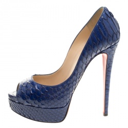 Pre Owned حذاء كعب عالي كريستيان لوبوتان نعل سميك مقدمة مفتوحة ليدي جلد ثعبان فضي مقاس 37