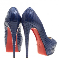 Pre Owned حذاء كعب عالي كريستيان لوبوتان نعل سميك مقدمة مفتوحة ليدي جلد ثعبان فضي مقاس 37