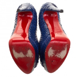 Pre Owned حذاء كعب عالي كريستيان لوبوتان نعل سميك مقدمة مفتوحة ليدي جلد ثعبان فضي مقاس 37