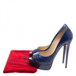 Pre Owned حذاء كعب عالي كريستيان لوبوتان نعل سميك مقدمة مفتوحة ليدي جلد ثعبان فضي مقاس 37