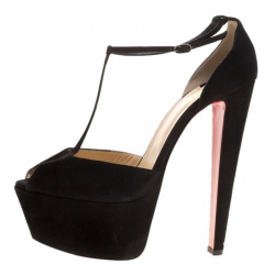 Pre Owned Christian Louboutin Black Suede T-strap Peep Toe Platform Sandals Size 40.5