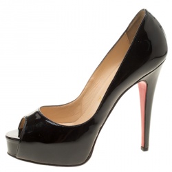 Pre Owned Christian Louboutin Black Patent Leather Hyper Prive Peep Toe Platform Pumps Size 35.5