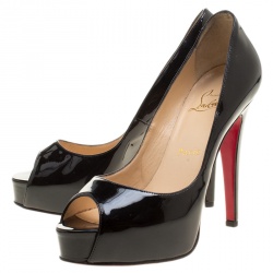 Pre Owned Christian Louboutin Black Patent Leather Hyper Prive Peep Toe Platform Pumps Size 35.5