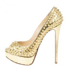 Pre Owned Christian Louboutin Gold Python Spiked Lady Peep Toe Platform Pumps Size 36.5