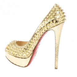 Pre Owned Christian Louboutin Gold Python Spiked Lady Peep Toe Platform Pumps Size 36.5