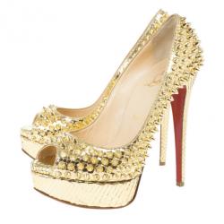 Pre Owned Christian Louboutin Gold Python Spiked Lady Peep Toe Platform Pumps Size 36.5