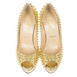 Pre Owned Christian Louboutin Gold Python Spiked Lady Peep Toe Platform Pumps Size 36.5