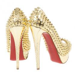 Pre Owned Christian Louboutin Gold Python Spiked Lady Peep Toe Platform Pumps Size 36.5