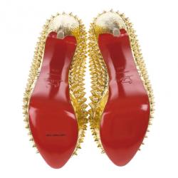 Pre Owned Christian Louboutin Gold Python Spiked Lady Peep Toe Platform Pumps Size 36.5