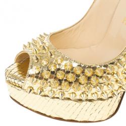 Pre Owned Christian Louboutin Gold Python Spiked Lady Peep Toe Platform Pumps Size 36.5