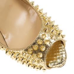 Pre Owned Christian Louboutin Gold Python Spiked Lady Peep Toe Platform Pumps Size 36.5